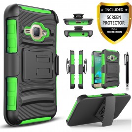 Samsung Galaxy J1 Case, Dual Layers [Combo Holster] Case And Built-In Kickstand Bundled with [Premium Screen Protector] Hybird Shockproof And Circlemalls Stylus Pen (Green)